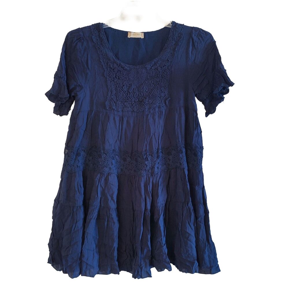 Altar'd State Navy Blue Minimalist Boho Babydoll Top S Crochet Festival Y2K
